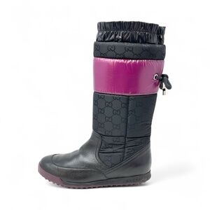 Gucci GG Logo Monogram Snow Winter Boots Tall Slip On Black Leather 35.5 5.5